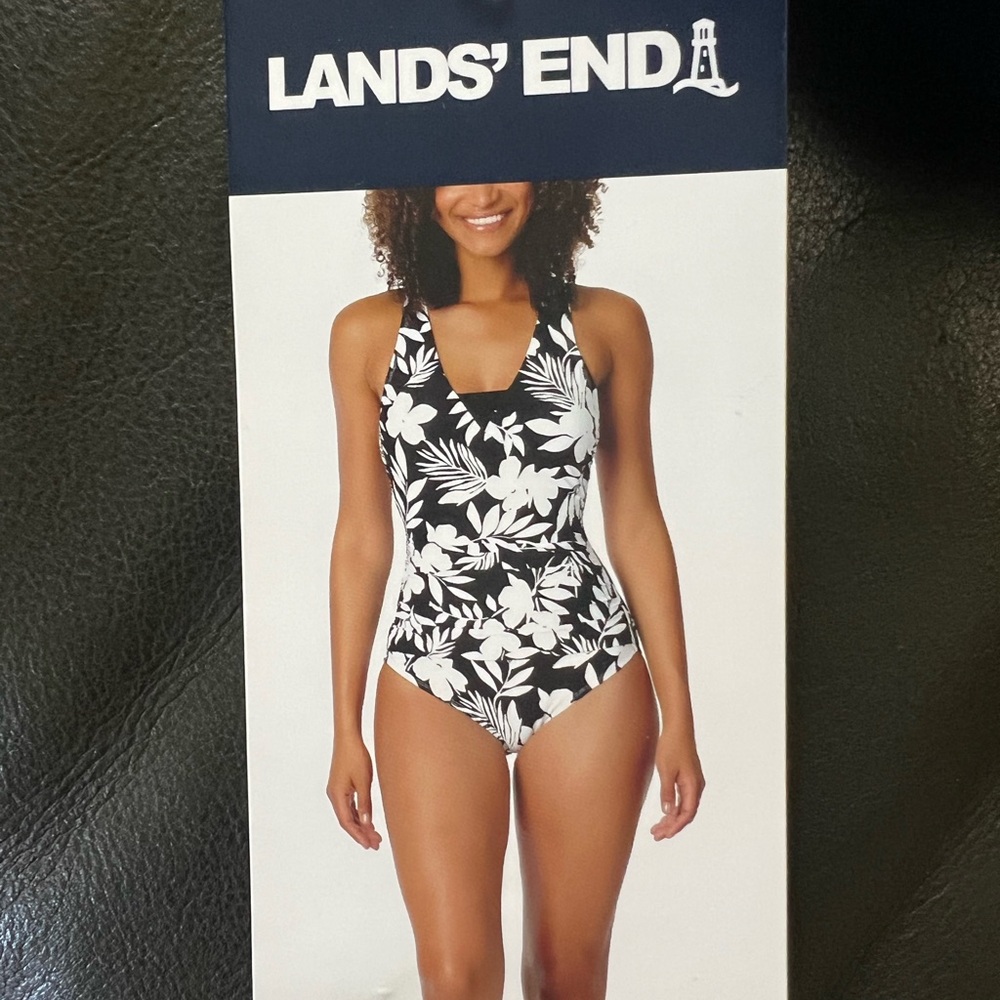 Lands' End Black and White Floral One Piece Swimsuit - Picture 3 of 6